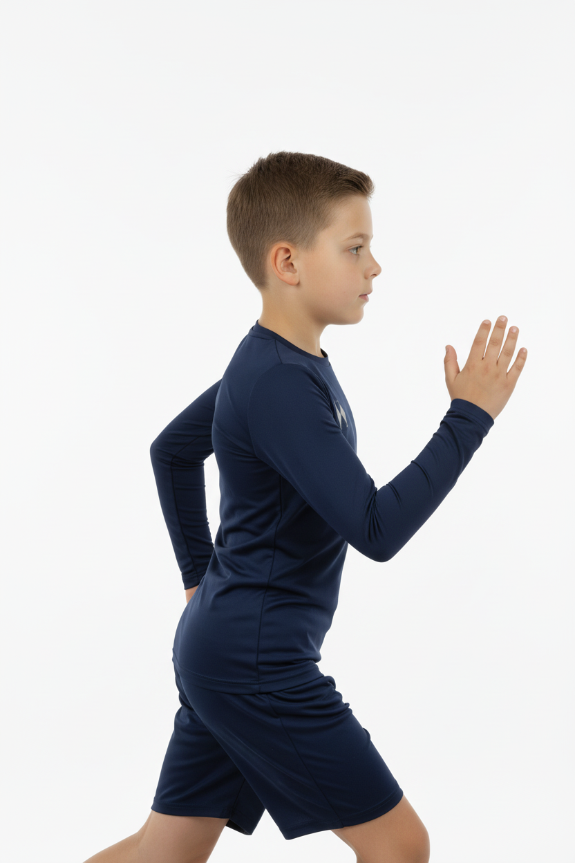 Maglia Termica Blu Navy aderente - Vista laterale corsa